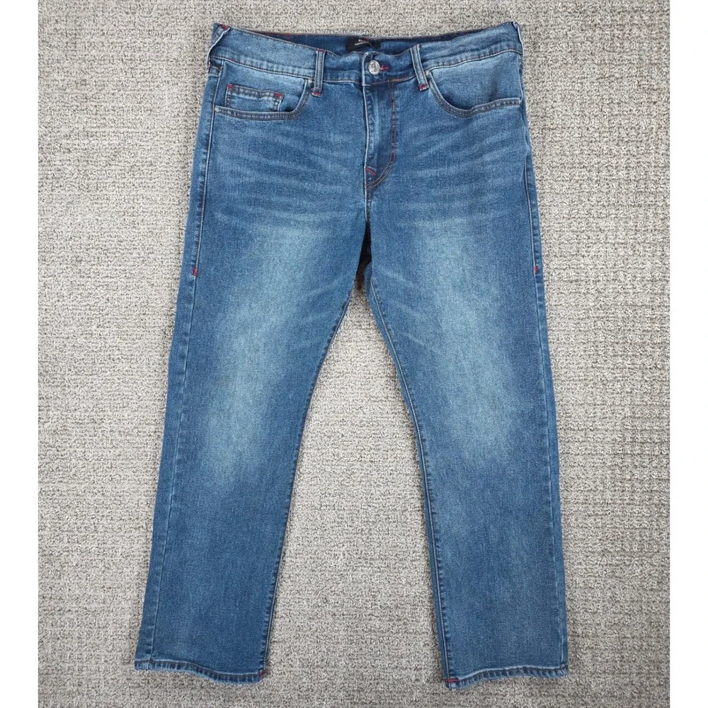 True Religion Ricky Relaxed Straight Jeans Mens 36x29 Blue Denim Red Stitching